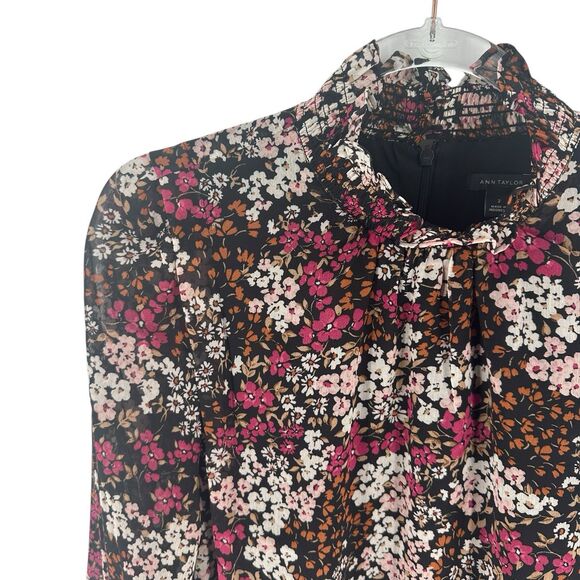 Ann Taylor Dress Womens 2 Black Pink Floral Smocked Neck Shift Chiffon Lined NEW - Picture 6 of 16